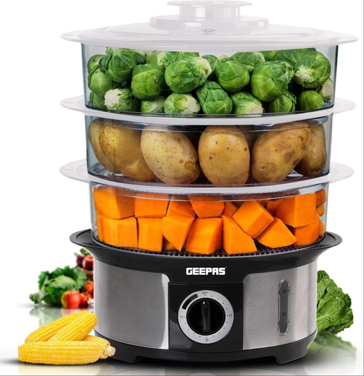 Geepas 3-Tier 12L Food Steamer, BPA-Free Baskets, 75-Min Timer, 1000W, Stainless Steel - GFS63025 - Image 4