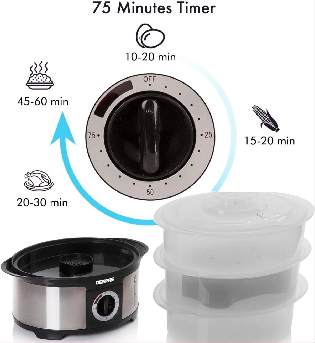 Geepas 3-Tier 12L Food Steamer, BPA-Free Baskets, 75-Min Timer, 1000W, Stainless Steel - GFS63025 - Image 2