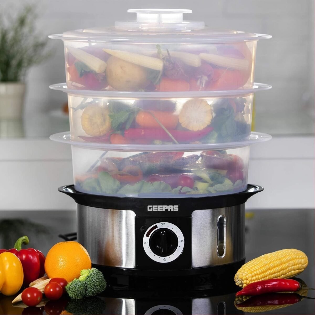 Geepas 3-Tier 12L Food Steamer, BPA-Free Baskets, 75-Min Timer, 1000W, Stainless Steel - GFS63025 - Image 6