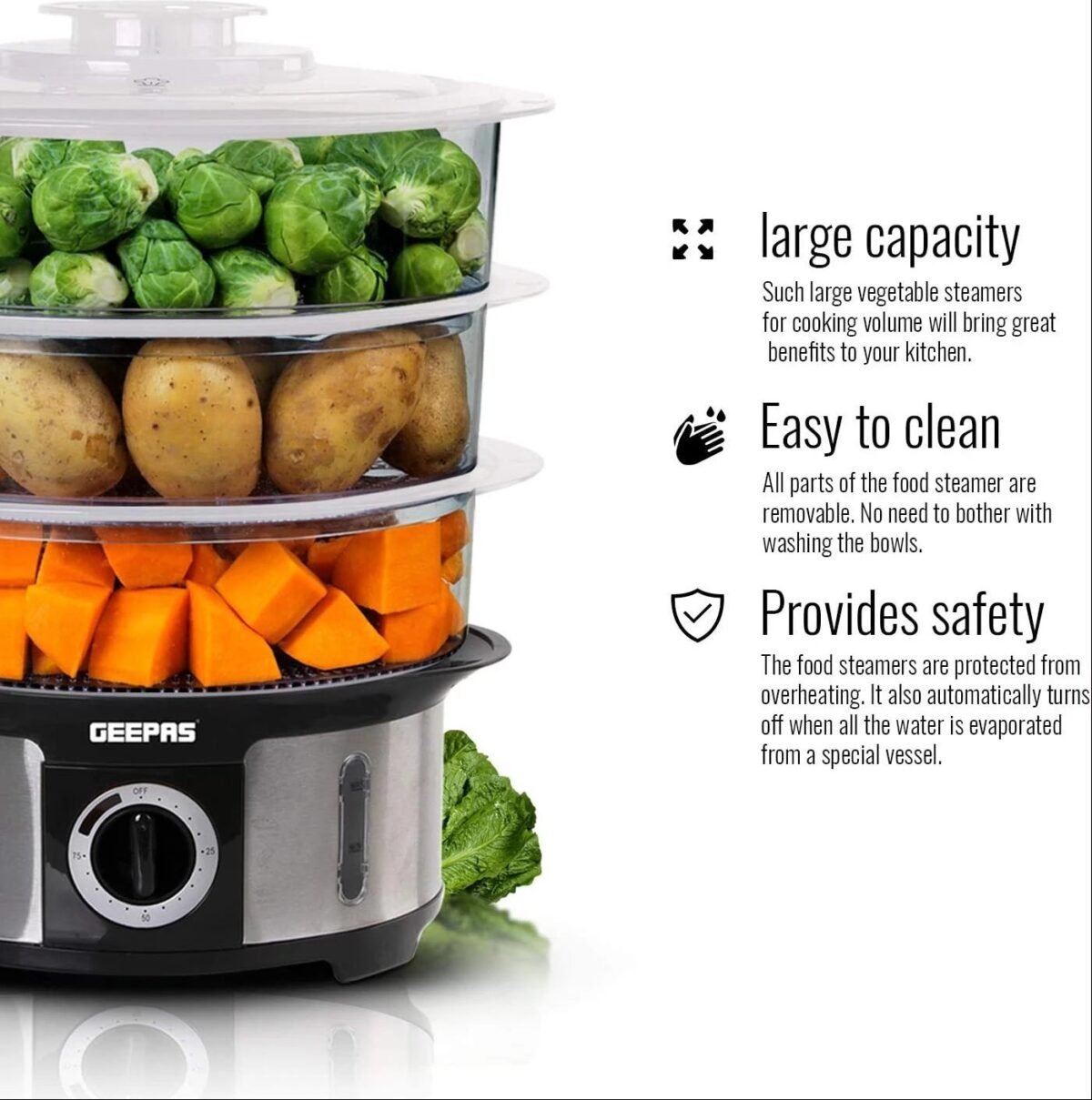 Geepas 3-Tier 12L Food Steamer, BPA-Free Baskets, 75-Min Timer, 1000W, Stainless Steel - GFS63025 - Image 7
