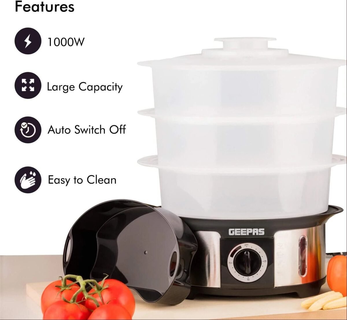 Geepas 3-Tier 12L Food Steamer, BPA-Free Baskets, 75-Min Timer, 1000W, Stainless Steel - GFS63025 - Image 8