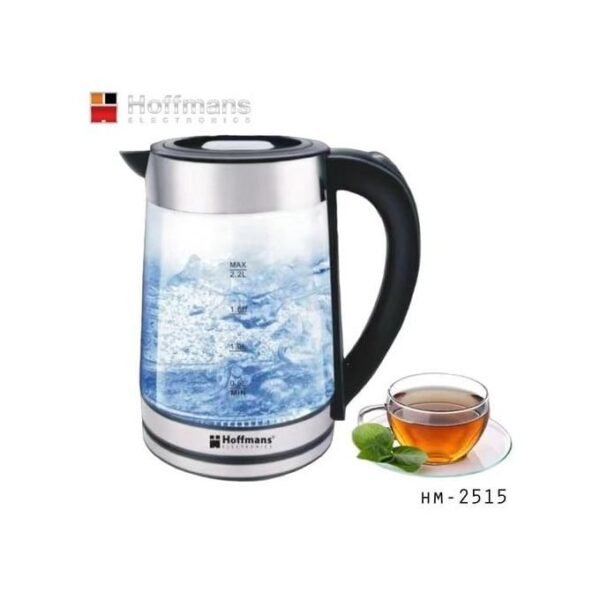 Hoffmans 2.2L Glass Electric Kettle With Blue LED Light- Silver