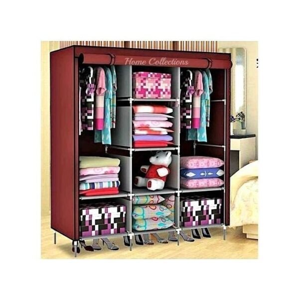 Home Fashion 3 Column Cloth & metallic frame Wardrobe ( Not Assembled) - Maroon