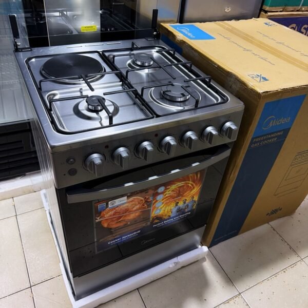 Midea 60×60cm 3+1 Cooker – 3 Gas, 1 Electric, Electric Oven, Grill & Rotisserie – Stainless Steel