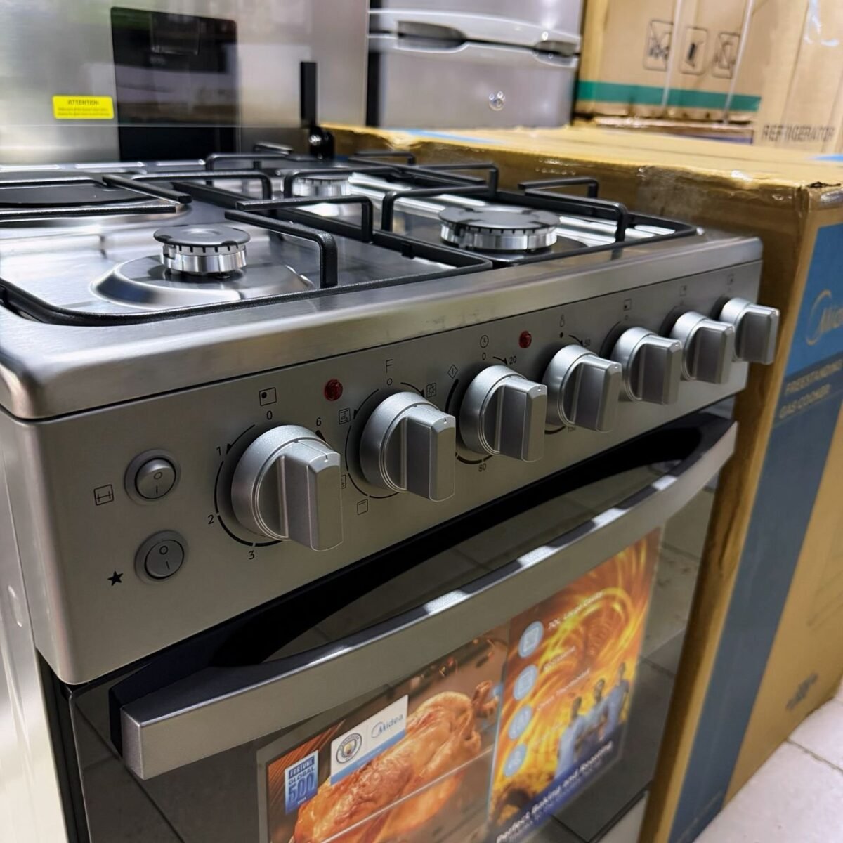 Midea 60×60cm 3+1 Cooker – 3 Gas, 1 Electric, Electric Oven, Grill & Rotisserie – Stainless Steel - Image 2