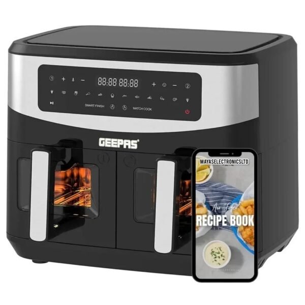 Geepas 9 L Dual Basket Digital Air Fryer, with VORTEX Air Frying Technology, Oil Free Cooking (GAF37525UK)